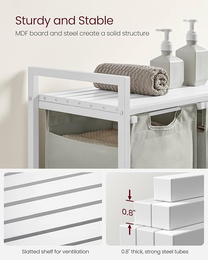 VASAGLE Laundry Hamper, Laundry Basket, Laundry Sorter with 3 Pull-Out and Removable Bags, Shelf, Metal Frame, 3 x 10.6 Gallons (40 L), 36.4 x 13 x 28.4 Inches, Cream White and Cloud White UBLH301W01-NeatNest