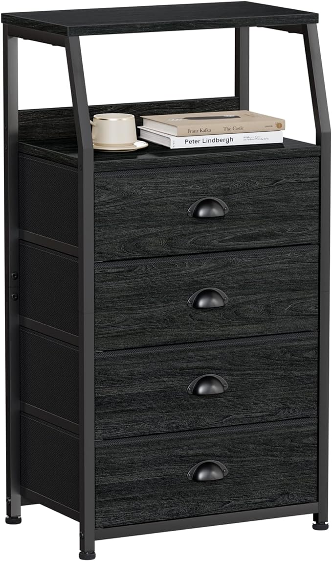 Furnulem Tall 4 Drawers Dresser, Vertical Storage Tower Black Dresser for Bedroom, Hallway, Entryway, Nursery, Closet Organizer, Nightstand Bedside Table Furniture, Sturdy Steel Frame, Wood Top-NeatNest