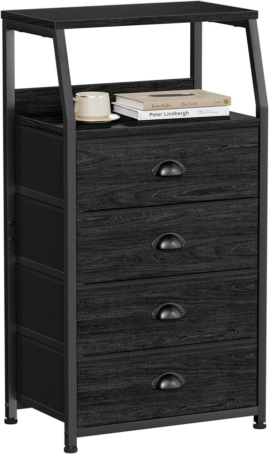 Furnulem Tall 4 Drawers Dresser, Vertical Storage Tower Black Dresser for Bedroom, Hallway, Entryway, Nursery, Closet Organizer, Nightstand Bedside Table Furniture, Sturdy Steel Frame, Wood Top-NeatNest