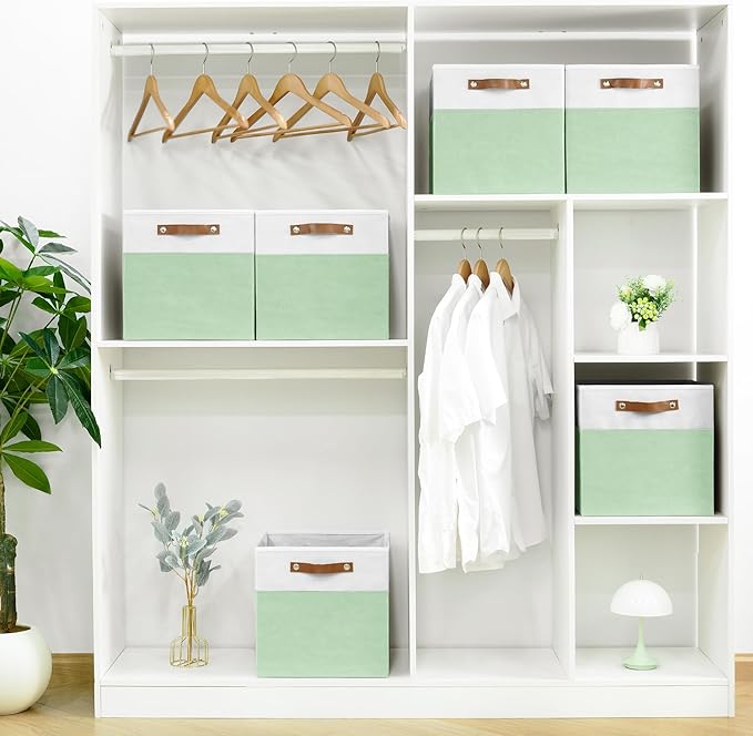 6-Pack Collapsible Fabric Storage Cubes with Handles & Label Holders, Closet Cube Home Organizer Bins (White/Sage Green, 13 x 13 x 13 inch)