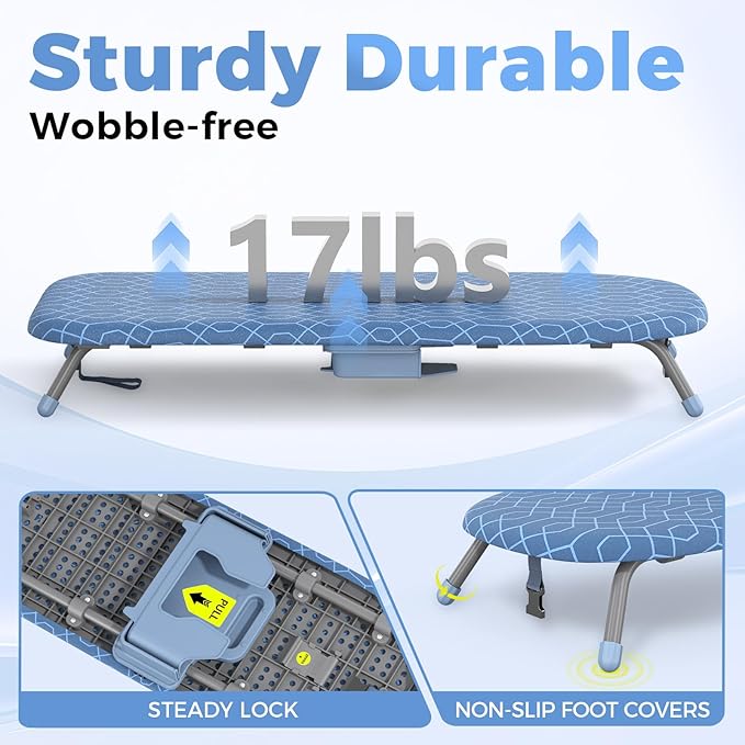 Kingboard Small Ironing Board with Iron Holder, Tabletop Iron Board with 2 Heat Resistant Covers, Portable Table top Ironing Board with Non-Slip Feet for Home Travel, 12 * 32 Blue