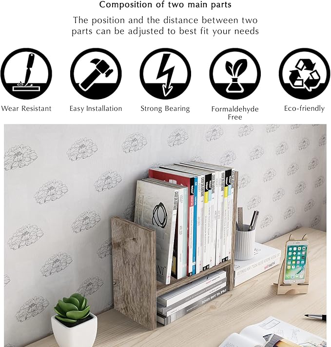 Jerry & Maggie Desktop Organizer Office Storage Rack Adjustable Wood Display Shelf Free Style Double H, Multi-Functional Mini Bookshelf for Desk Natural Stand (Gray Oak)-NeatNest