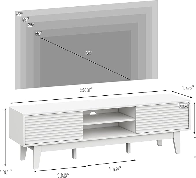 Fluted TV Stand for 55 65 Inch TV, Mid Century Modern Entertainment Center with Shelves, Cabinets & Sliding Doors, TV Media Console Table with Wood Feet & Cord Holes for Living Room, Bedroom, White-NeatNest