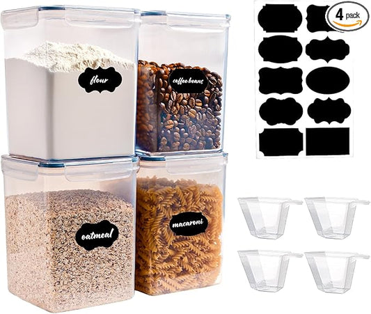 4-Pack 5.2L Airtight Food Storage Containers, BPA-Free Plastic Canisters for Flour, Rice, Pasta & Cereal, Kitchen Pantry Organization with Lids, Labels & Measuring Cups