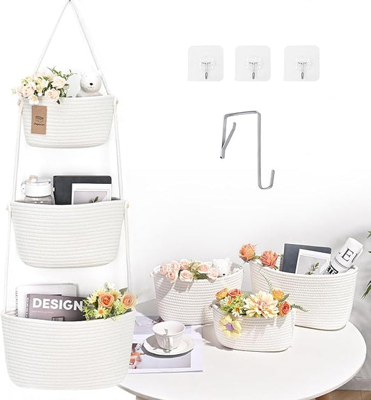 Hanging Storage Baskets, 3-Tier Over the Door Basket, Cotton Wall Basket Storage, Detachable Hanging Door Basket with 4 Hooks, Over the Door Organizer Nursery for Bedroom, Living Room, Bathroom Wall
