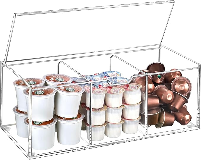 BEYGORM Acrylic Coffee Pod Holder with Lid for 24 Kcup, Clear Coffee Capsule Storage Organizer,3 Compartments Coffee Bar Station Organizer Compatible with Coffee Pod, Coffee Creamer-NeatNest