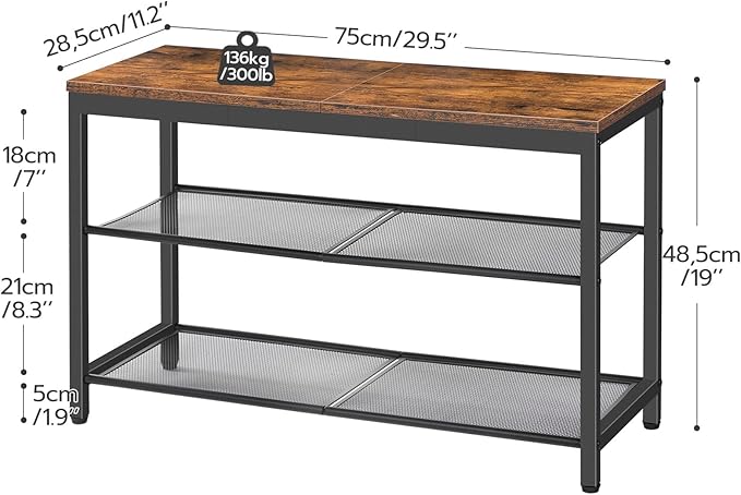 HOOBRO Shoe Bench, 3-Tier Shoe Rack, Industrial Shoe Organizer Storage Bench, 29.5 inches Entry Bench with Mesh Shelves, for Entryway, Living Room, Hallway, Easy Assembly, Rustic Brown BF75HX01-NeatNest