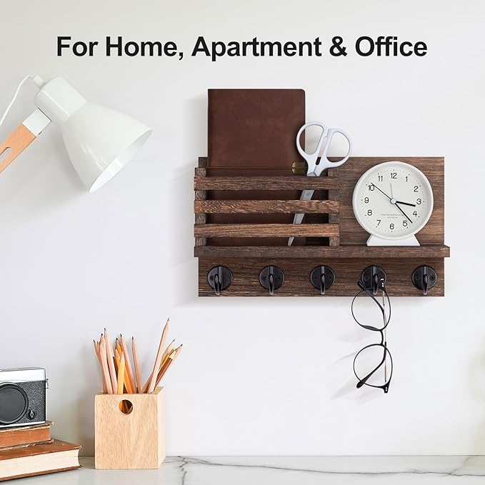 Key Holder for Wall – Decorative Wooden Mail Holder and Key Shelf with Mounting Hardware, Installation Guide – Paulownia Wood with 5 Metal Key Hooks (11.8” x 6.7” x 2.8”)