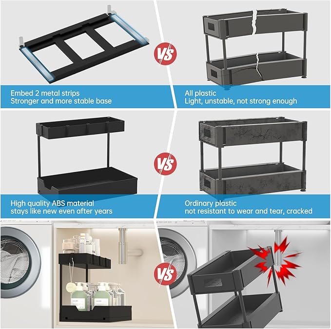 2-Tier Under Sink Organizers 2 Pack Sliding L-shape Cabinet Organizers Narrow Space Storage Shelves Multi-purpose Sink Organizer Baskets with 4 Hook for Kitchen Bathroom Drawer, Black-NeatNest