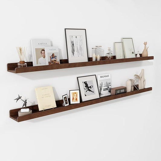 Floating Shelves for Wall | Picture Ledge Shelf Set of 2 | Solid Ash Wood Floating Shelves with Lip | 55 Inch Dark Wood Picture Shelf for Wall with Ledge | Photo Ledge Shelves-NeatNest