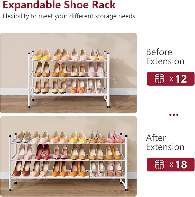 Tajsoon Expandable Shoe Rack for Closet 3 Tier, 28“-41“Adjustable & Stackable Shoe Shelf Storage, Metal Shoe Rack Organizer for Front Door Entrance, Closet, Garage, Entryway, White-NeatNest