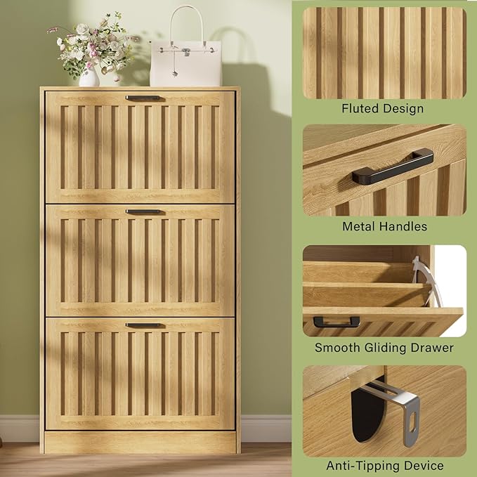 Shoe Storage Cabinet for Entryway with 3 Flip Drawers, Wooden Shoe Organizer with Adjustable Shelf, Freestanding Wood Fluted Panel Shoes Cabinet Closed Shoe Rack for Hallway, Foyer, Nature Oak-NeatNest