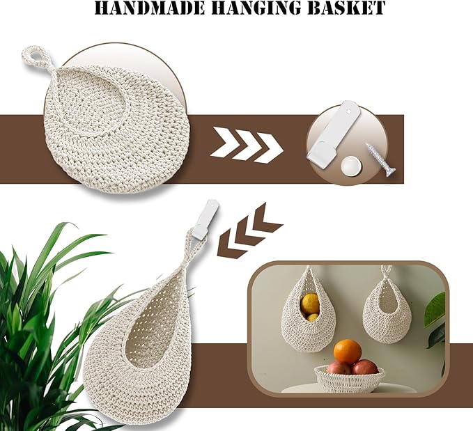 Hanging Fruit Basket Set of 3, Boho Wall Hanging Storage Basket for Organizing, Handmade Teardrop Hammock Holder for Fruit Vegetable in Home & Restaurant Kitchen with Hooks, White Cotton
