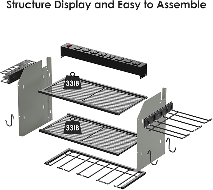 CCCEI Modular Power Tool Organizer Wall Mount Charging Station, Grey 6 Drills Holder with 8 Plug Power Strip 10FT, Garage Drill Battery Heavy Duty Metal Shelf, Utility Rack with Hooks, Side Storage.-NeatNest