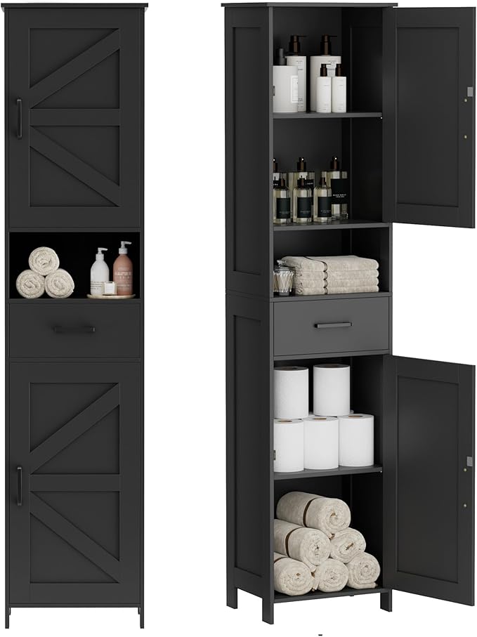 Homhedy 67" H Tall Bathroom Storage Cabinet with 2 Barn Doors and 1 Drawer, Storage Cabinet, Adjustable Shelves, Floor Cabinet for Bathroom, Living Room, Entryway, Kitchen, Black, (15.7" W)