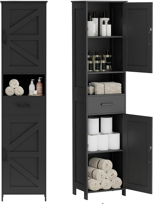 Homhedy 67" H Tall Bathroom Storage Cabinet with 2 Barn Doors and 1 Drawer, Storage Cabinet, Adjustable Shelves, Floor Cabinet for Bathroom, Living Room, Entryway, Kitchen, Black, (15.7" W)