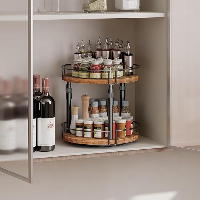 HOOBRO Lazy Susan Organizer Spice Rack, 2-Tier Height Adjustable Rotating Lazy Turntable Spice Organizer, for Kitchen Countertop and Cabinet, Rustic Brown BF05TL01-NeatNest
