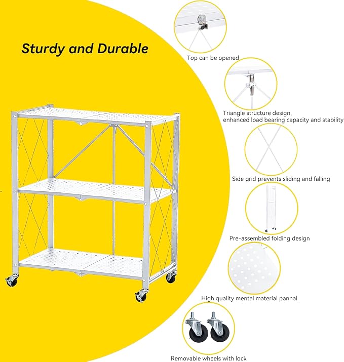 BRIAN & DANY 3-Shelf Foldable Storage Shelves with Wheels, No Assembly Folding Shelf Metal Rack, Shelving Unit for Kitchen, Garage, White-NeatNest