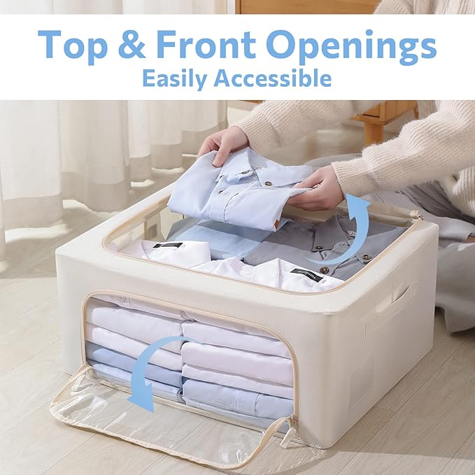 3Pack Frame Storage Box - Clothes Storage Bin Bags Oxford Fabric Foldable Stackable Container Organizer Set with Clear Window & Carry Handles (Beige, Medium-44L)-NeatNest