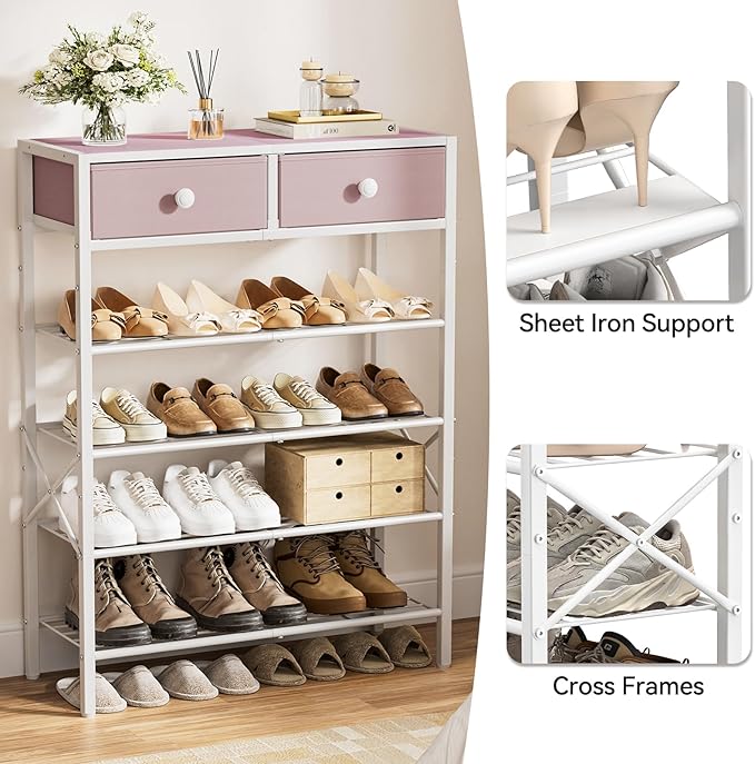 Shoe Rack for Entryway, 5 Tier Shoe Organizer with 2 Non-Woven Drawers, Metal Storage Shoe Shelf for 16-20 Pairs of Shoes, with Wooden Top and Steel Frame, Shoe Stand for Closet Pink-NeatNest