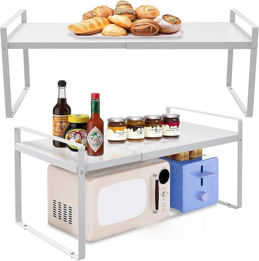 Adjustable Kitchen Shelf Organizer 9", (2 Pack) Heavy-Duty Cabinet Shelves for Countertop, Pantry & Microwave, Expandable Space-Saving Storage Rack with Non-Slip Pads, White-NeatNest