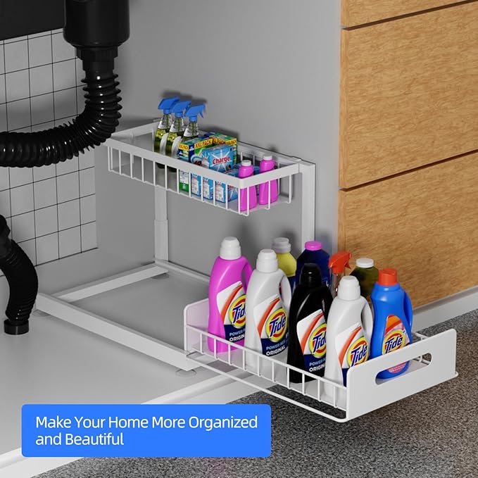 2-Tier Under Sink Slide Out Organizer, 2 Pack Pull Out Cabinet Storage Shelf with Sliding Wire Basket Drawer for Bathroom Kitchen, Countertop or Pantry Shelf, White-NeatNest