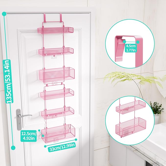 HapiRm Over Door Organizer Storage - Separable Door Organizer Hanging with 6 Metal Large Capacity Baskets for Bathroom Bedroom Kitchen Pantry Closet (Pink)