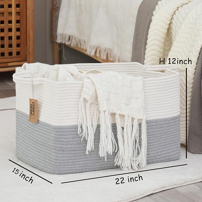COMFY-HOMI Large Rectangle Laundry Storage Basket | Cotton Rope Woven, Organizing with Handle | Dirty Cloth & Baby Shower Basket | 22x15x12' - White/Grey-NeatNest