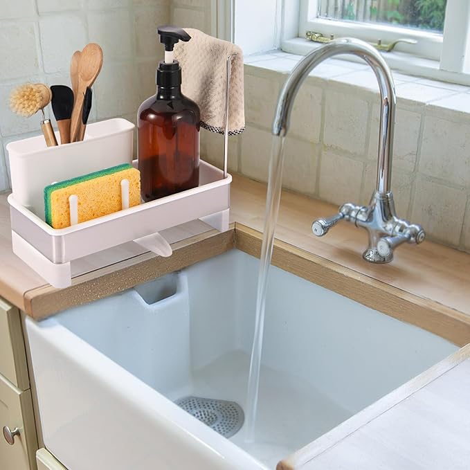 Dish Sponge Holder - Stainless Steel & PP Sink Caddy, 360° Rotatable Self-draining, Space-Saving Kitchen Sink Organizer with Removable Dish Cloth Rack (White)-NeatNest
