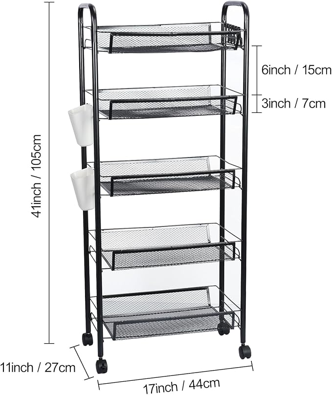 3/4/5 Tier Fruit Vegetable Basket, Stackable Metal Mesh Storage Basket with 360 Degree Wheels, Fruit Vegetable Produce Basket Storage Organizer for Kitchen, Pantry, Bathroom Black 5-Layers