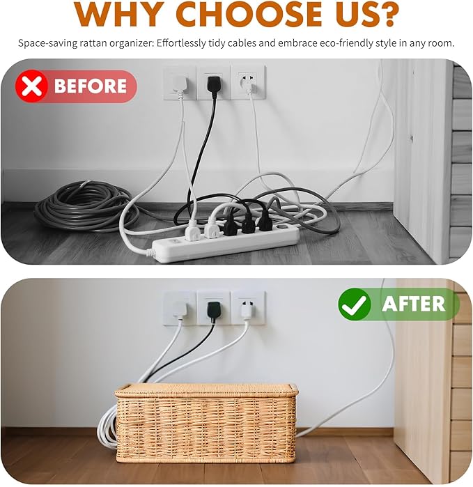 Cable Management Box Organizer,Handmade Rattan Cable Organizer with Lid,2 Side Open Slots Cord Organizer Hider Box to Hide Power Strip & Under Desk for Desk, Floor,12.4" x 5.11" x 5.11"