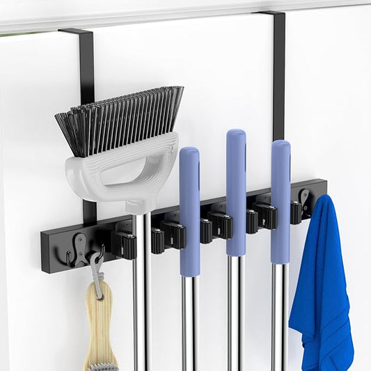 Broom Holder Door Mount, Over the Door Broom and Mop Holder, Drilling-Free Wood Mop Holder with 2 over Door Hooks, 4 Slots & 4 Hooks Rusticfor Garage, Closet, Laundry (Black)-NeatNest