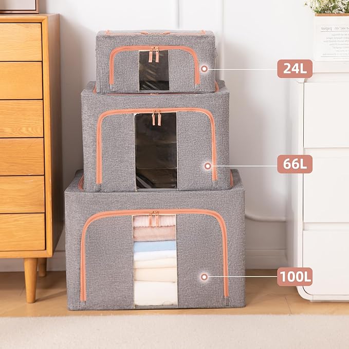 100L Stackable Clothes Storage Bins with Metal Frame Handles & Zipper, Collapsible Closet Organizer Box with Lid for Bedding Blankets Towel (Grey,1 pack)-NeatNest