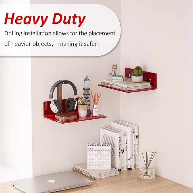 9 Inch Red Acrylic Small Wall Shelf, Home Wall Display Ledges for Storage, Room Décor, Space Saving, Items Organizer, 2 Pack-NeatNest