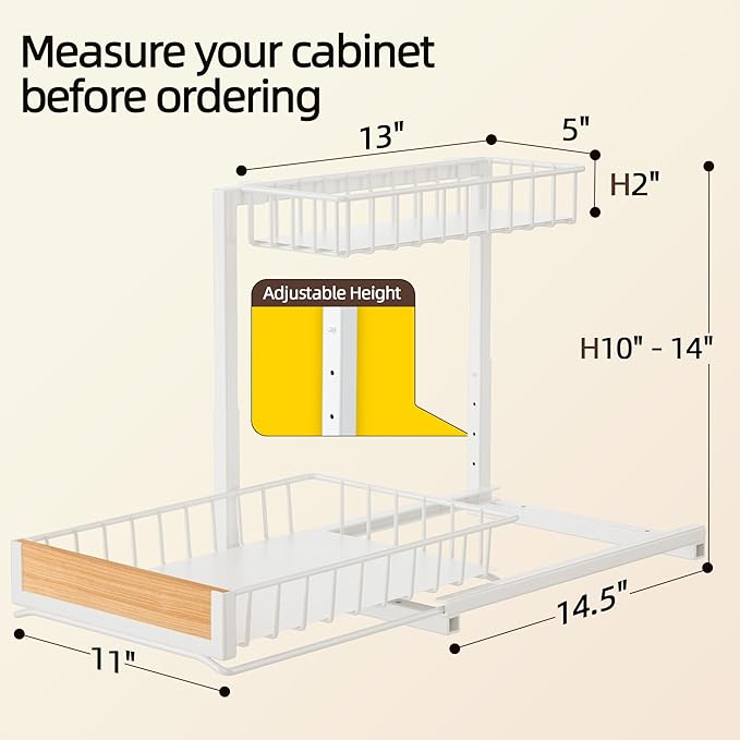 Delamu 2 Pack Under Sink Organizer and Storage, Height Adjustable Under Kitchen Sink Organizer, 2 Tier Pull Out Under Cabinet Organizer, White Under Counter Storage for Kitchen Bathroom-NeatNest
