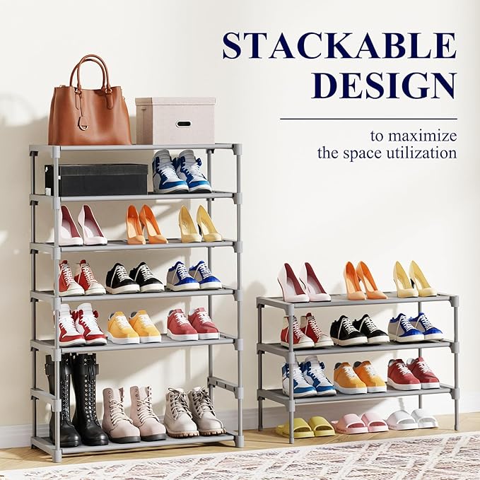 Kitsure Shoe Rack - Non-Woven Shoe Rack Shelf, Shoe Organizer for Closet, Entryway, Garage & Corridor, Stackable Shoe Shelves, Medium, Grey