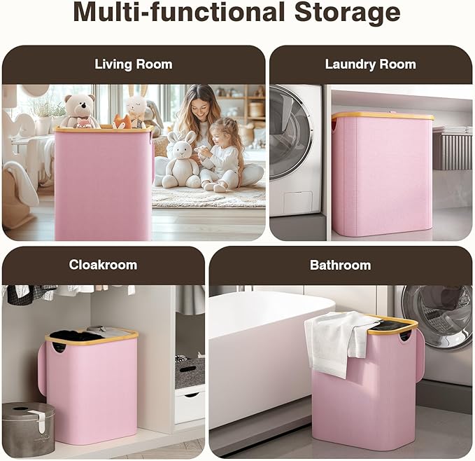 Hampers for Laundry Basket with Lid, 145L Extra Large 3 Section Clothes Divided Organizer for Bedroom, Laundry Room, Dirty Clothing Hamper, Pink-NeatNest