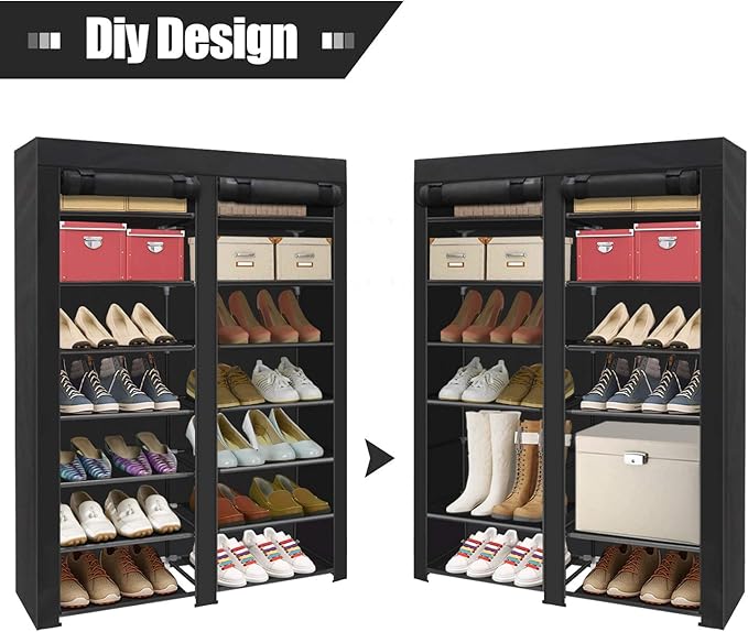 ERONE Shoe Rack Storage Organize, 28 Pairs Portable Double Row with Nonwoven Fabric Cover Shoe Shelf Cabinet for Closet-NeatNest