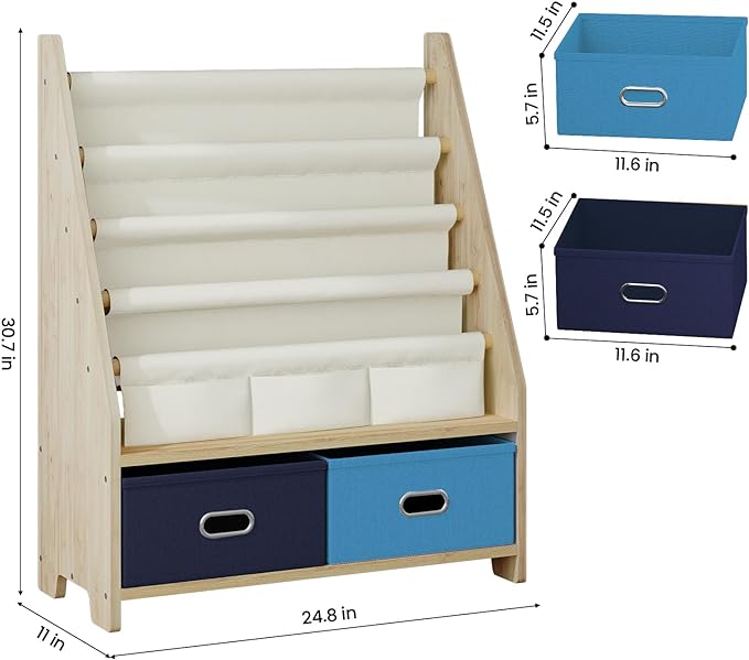 4 Tier Kids Book Shelf, Wooden Kids Book Rack Storage Bookshelf with Toy Storage Organizer, Toddler Sling Bookshelf for Boys, Girls, Kids Room, Blue