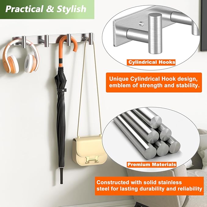 Wall Mounted Coat Rack-4 Hooks, Heavy Duty Stainless Steel Hook Rail for Towel Coat Hat Purse Bag Jacket, Towel Hooks for Entryway Bathroom Kitchen (Silvery 4 Hooks - 1 Pack)-NeatNest