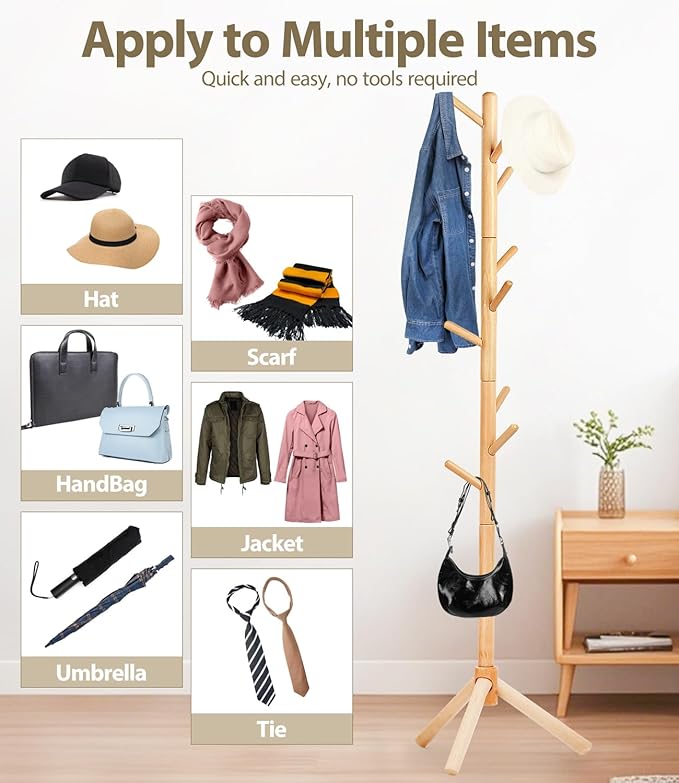 Beech Wood Coat Rack Stand with 9 Hooks, 3 Height Adjustable, simple Freestanding Solid Wooden Coat Tree Hanger for Clothes, Hats, Scarves, bags, Jackets, Bedroom, livingromm(Natural Wood)-NeatNest