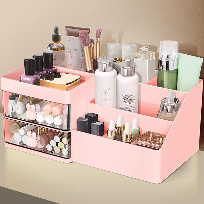 Makeup Organizer, Cosmetic Desk Storage Box with Drawers Skincare Organizers for Dressing Table, Countertop, Bathroom Counter, Vanity Holder for Brushes, Lotions, Lipstick, Perfume (Pink-Clear)-NeatNest