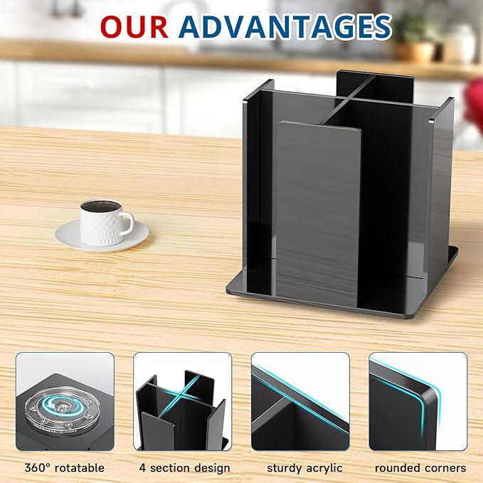 Cup and Lid Holder, 4 Compartment, Square | Rotating Coffee Cup Dispenser Lid Carousel for Restaurant, Buffet, Coffee Station, Bar, Countertop, Black Acrylic-NeatNest
