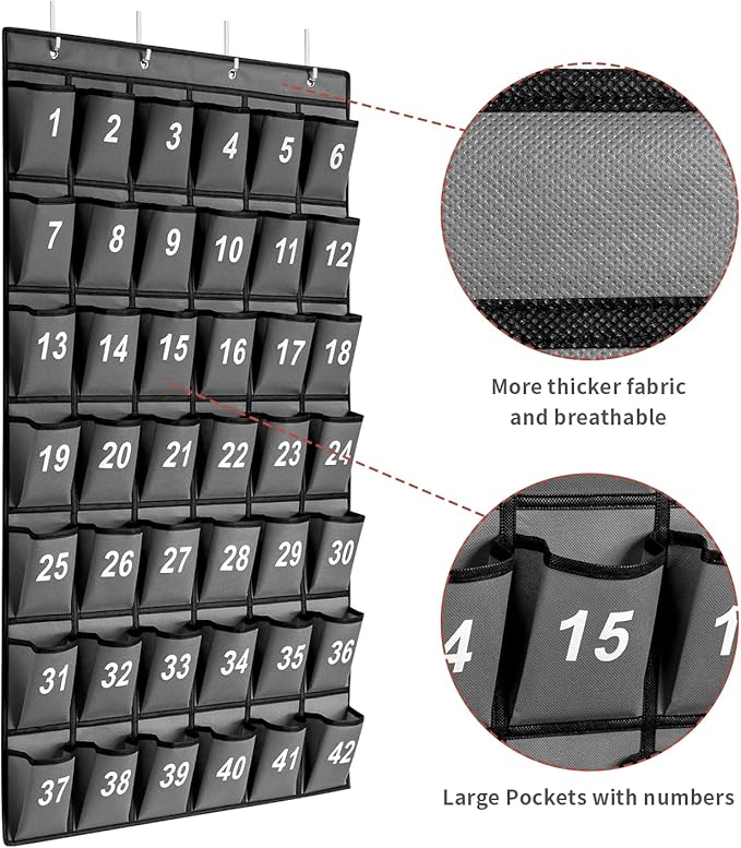 42 Pockets Numbered Classroom Pocket Chart for Cell Phones, Hanging Pocket Chart Storage for Classroom Phone Calculator Holder with 4 Hooks and 42 Clear Numbers Printing (Grey-42pockets)-NeatNest