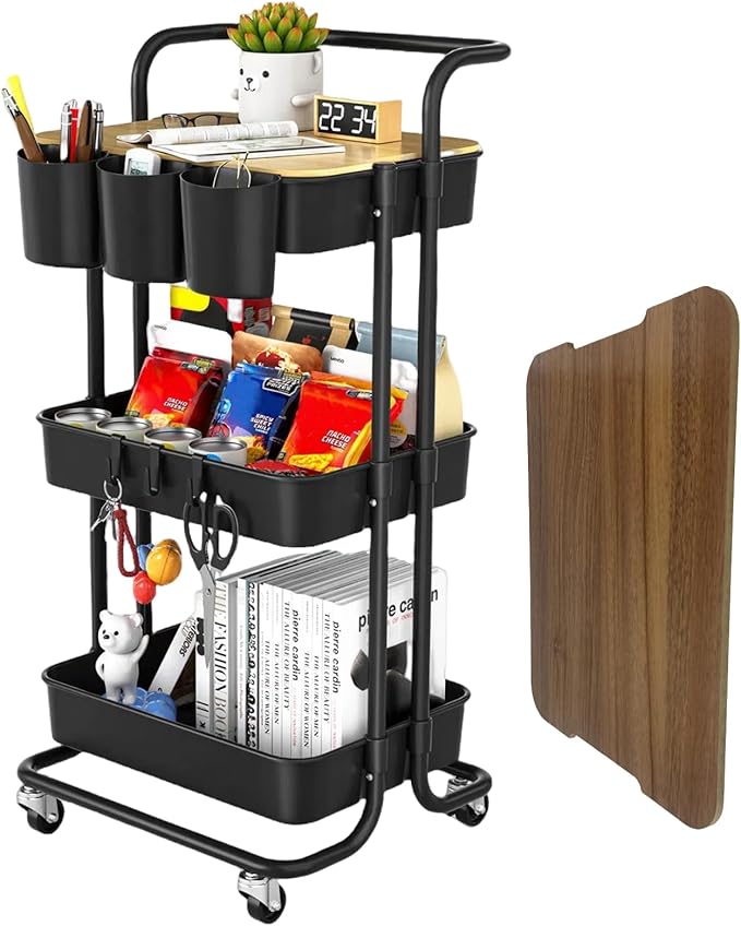 3 Tier Rolling Cart with Metal Handle, Table Top, Hanging Cups, Hooks, Plastic Storage Baskets& Wheels Lockable, Utility Cart for Bathroom Classroom Office Kitchen Pantry Organizers and Storage, Black-NeatNest