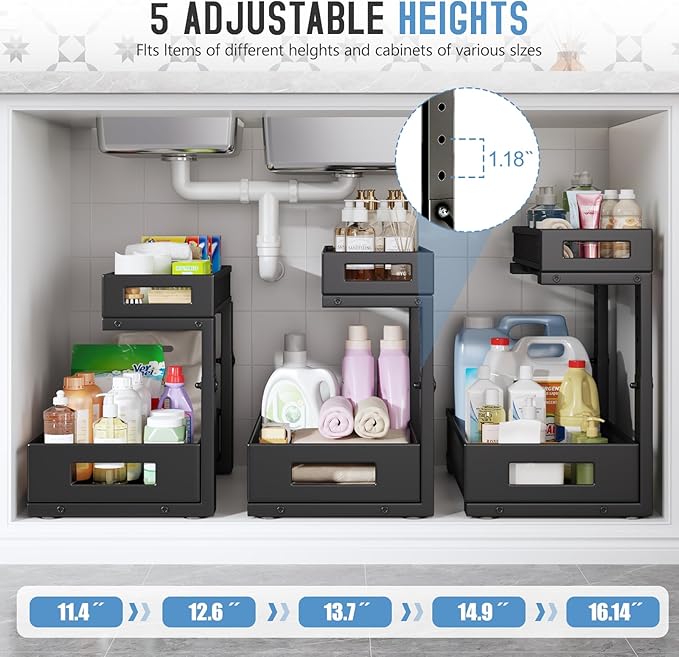 1 Pack-11.4"-16.14"H Under Sink Storage Organizer, Large 2-Tier Elegant Mesh Pull Out Shelf for Kitchen and Bathroom Cabinet Organization, L-Shaped and Adjustable Height Design for Maximum Space-Black-NeatNest