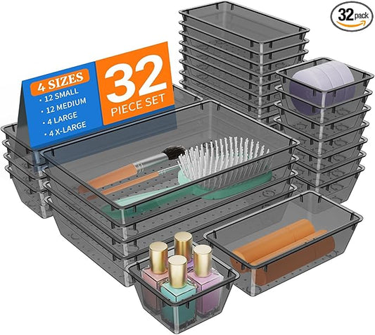 32 PCS Clear Plastic Drawer Organizer Set, 4-Size vanity organizer Trays and Storage Bins for Makeup, Jewelry and Gadgets in Bedroom, Bathroom and Office, Clear Black-NeatNest