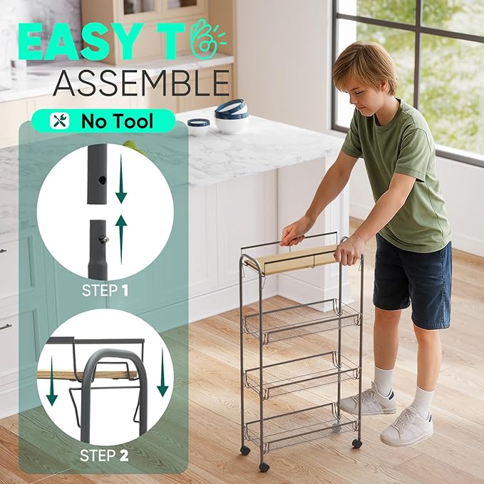 Sekey 4 Tier Rolling Cart Metal, Snap-Together Utility Cart on Wheels, Slim Storage Cart with Universal Wheels for Baby Nursery, Bathroom, Kitchen, Laundry Room, Gray
