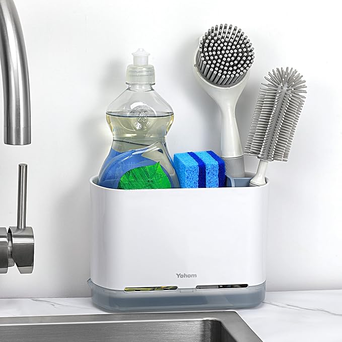 YOHOM Kitchen Scrub Brush Holder for Sink Sponge Caddy Countertop Organizer Plastic Dish Brush Sponge Holder with Drain Tray-NeatNest