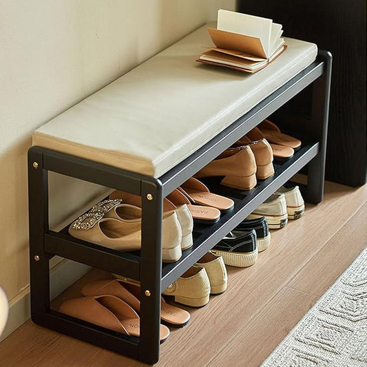 Entryway Shoe Bench, 2-Tier Solid Wood Shoe Bench Entryway for Entryway Bathroom Bedroom (Black, 31.5 INCH)
